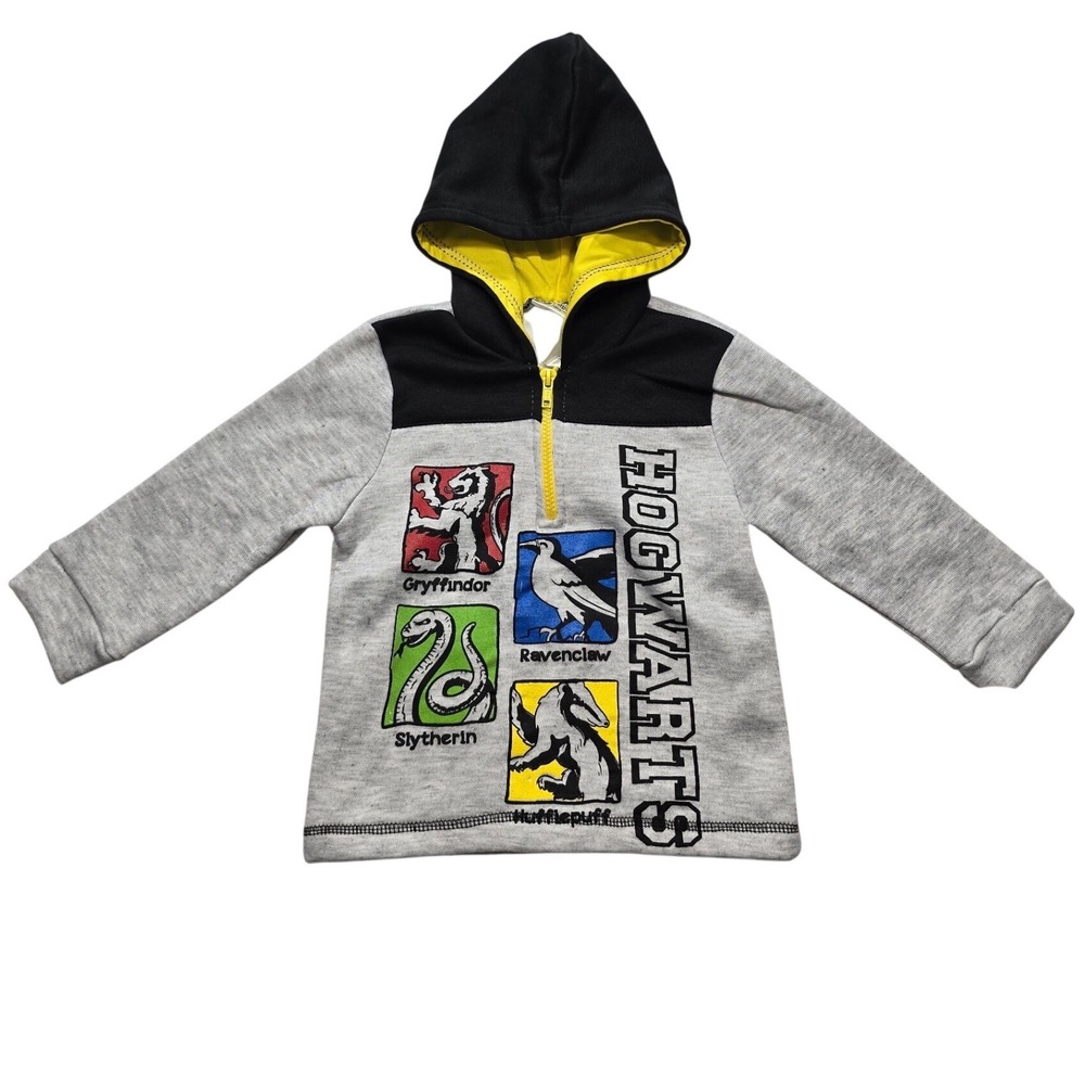 Harry Potter Hogwarts Houses Quarter Zip Hoodie Graphic Fleece Grey Toddler 3T